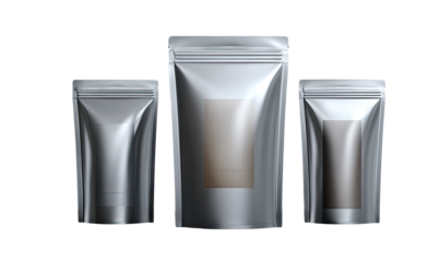 Three silver, glossy, zippered pouches