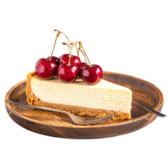  Delectable cheesecake slice is topped with juicy red cherries and a golden crumb, enticing t png