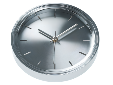 Front view silver 3D clock icon with metallic shine isolated on transparent background PNG