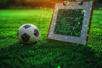 soccer ball resting on green grass next to a clipboard with a glowing digital circuit board overlay symbolizing sports technology and data analysis