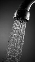 Shower head pouring water on dark background