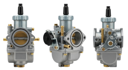 Motorcycle carburettor shown from multiple angles  
 
