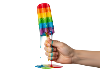 Rainbow popsicle melting and dripping in a hand, isolated on transparent background
