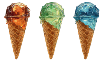Three ice cream cones with dripping colorful toppings