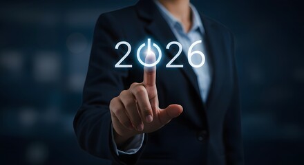 Businesswoman activating 2026 with digital start button technology