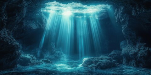 Sunlight beams penetrating through water into a deep underwater cave with rocky formations creating a mysterious and tranquil atmosphere