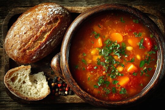 Olla Podrida, hearty Spanish bean stew in rustic bowl. Garnished with herbs on dark wooden surface. Concept of warm, cozy Olla Podrida inviting comfort and nourishment.