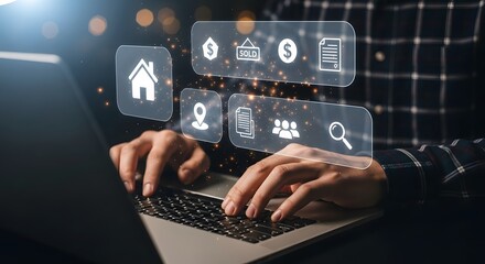 Fototapeta premium Real Estate Online Person Using Laptop with Property Icons