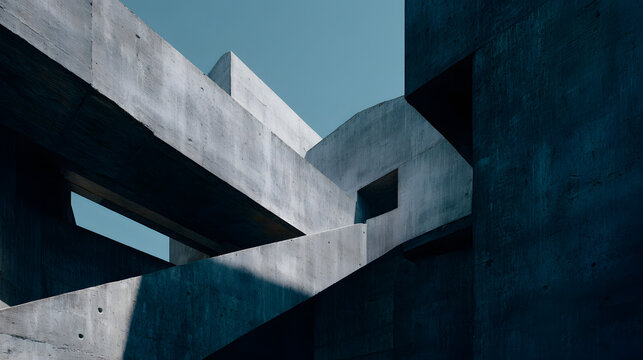 Abstract brutalism architecture background with massive concrete geometric structures and raw industrial textures