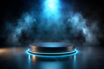 Futuristic Stage with Neon Lighting and Smoke Effects for Product Presentation or Display