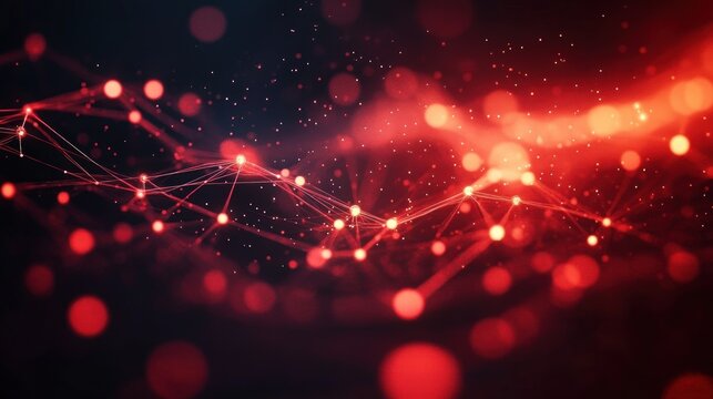 Abstract network of glowing red nodes connected by thin lines against a dark background with scattered light particles creating a dynamic and futuristic atmosphere