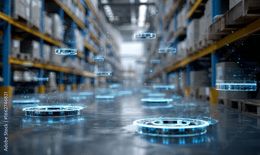 Poster modern warehouse with floating holographic interfaces and digital displays
