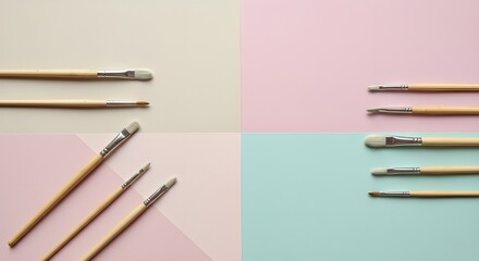 Minimal flat lay of paintbrushes on pastel geometric background, blending soft tones and creative design for a clean, modern, and artistic visual balance.