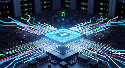 Depiction of advanced artificial intelligence circuitry and data flow highlighting the complexity and future potential with vibrant light streams and intricate architectural design representing