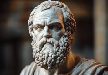 close-up of a highly detailed marble bust of an elderly bearded man with deep-set eyes and textured curly hair and beard
