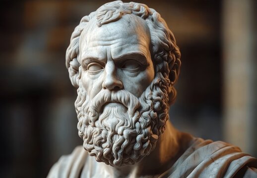 close-up of a highly detailed marble bust of an elderly bearded man with deep-set eyes and textured curly hair and beard