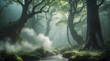 Enchanted Forest Mystical Stream, Fog, and Ancient Trees