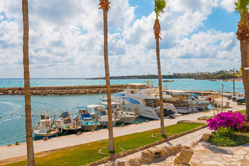 The marina in Paphos, Cyprus, shines under the bright Mediterranean sun — a picturesque spot with docked boats, seaside cafés, and palm-lined promenades, perfect for a relaxing coastal stroll.