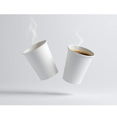 White paper cups of coffee mock up on blank background, Two cups in the air dynamically. Ai png
