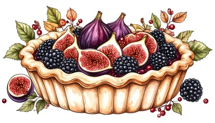 Detailed illustration of a fig and blackberry pie