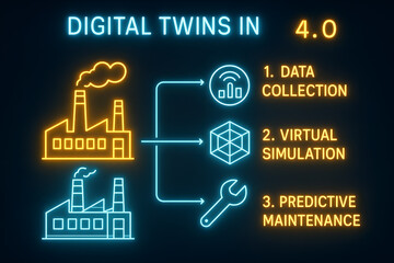 Digital Twins Technology Infographic with Virtual Replication for IoT and Simulation