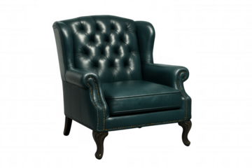 Green leather wingback chair featuring button tufting, showcasing elegant wooden legs, resting on transparent background