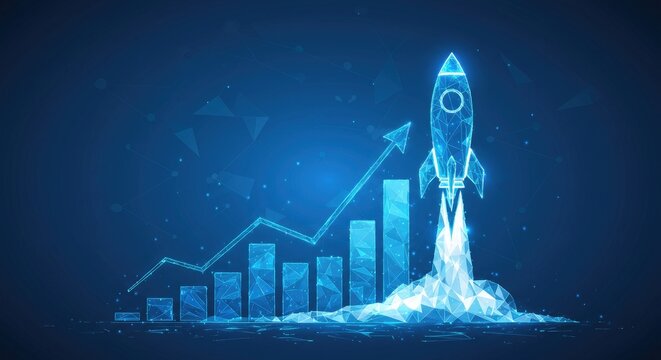 Abstract rocket launching over growth chart on blue tech background, symbolizing startup success and business boost in futuristic low-poly digital style.
