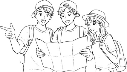 Three young people, two males and one female, are standing together, looking at a map