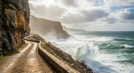 Dramatic coastal road with ocean waves crashing against steep cliffs