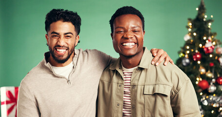 Christmas, portrait and happy friends hug in studio for holiday, festive season or laughing. Xmas,...
