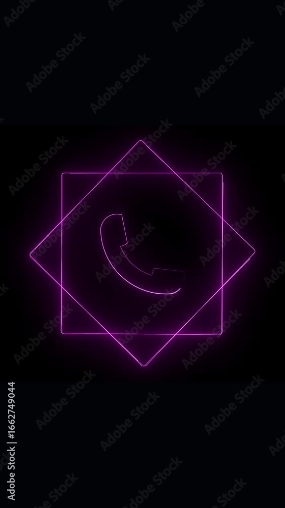 Aufkleber neon glowing phone icon within geometric framework on a black background. vertical animation of phon