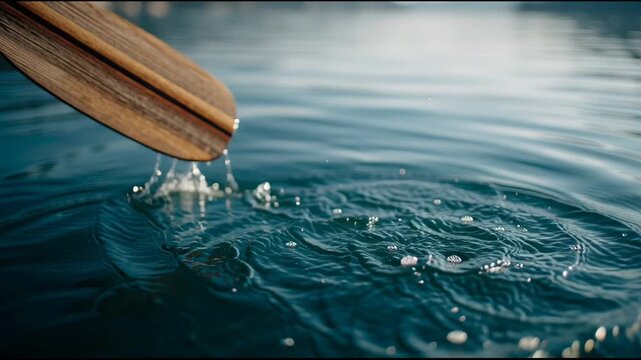 Serene wooden paddle dipping into calm blue lake creating peaceful splash and ripple