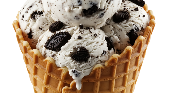 Closeup of cookies and cream ice cream in a waffle cone, isolated on transparent background