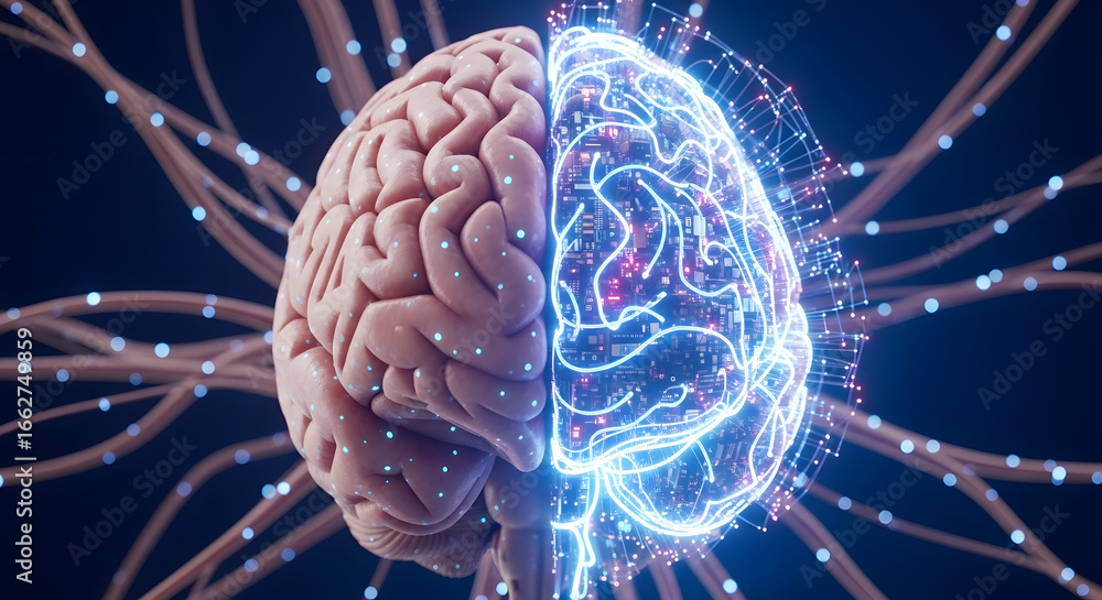 Poster depicting the convergence of human intellect and technological advancement, the image captures the e