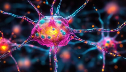 Close-up view of colorful glowing neurons with branching dendrites in a dark background evoking a vibrant and dynamic biological network