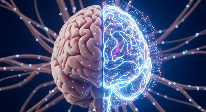 Depicting the Convergence of Human Intellect and Technological Advancement, the image captures the essence of the human brain connected to intricate digital networks representing complex data and