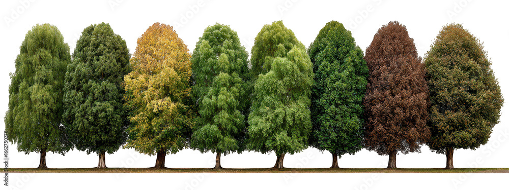 Poster row of large deciduous trees with varying leaf colors, isolated on transparency background, showing 