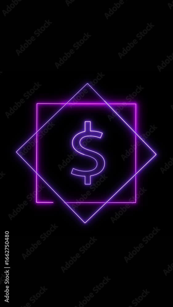 Poster neon dollar icon glowing inside abstract geometric shape in vertical video format. animated neon dol