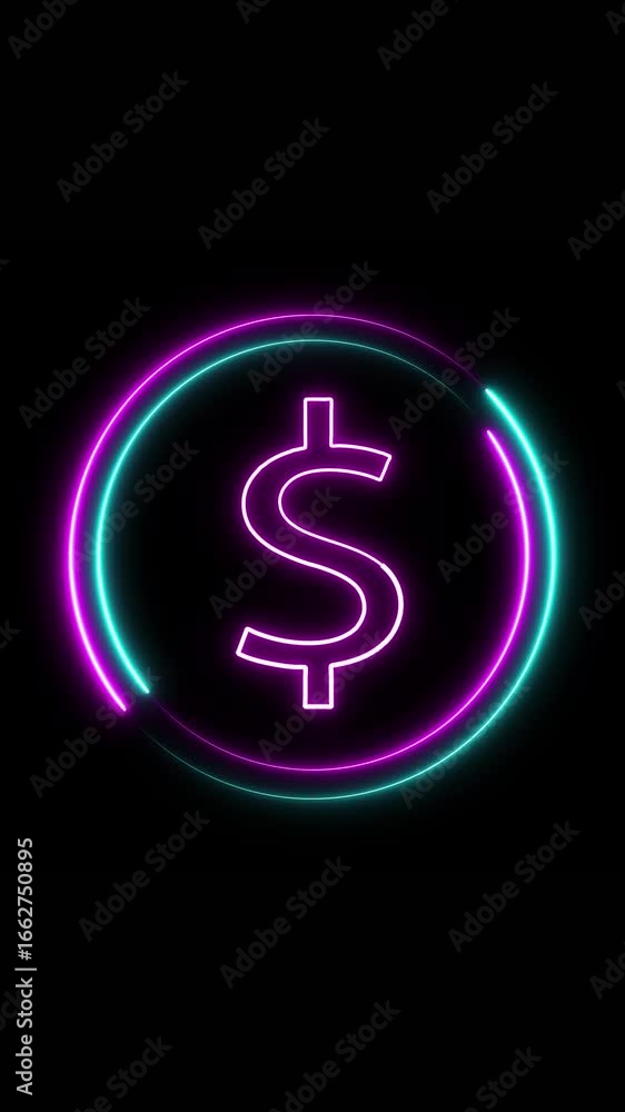 Poster glowing neon dollar sign with circular lines on dark background visual representation. animated doll