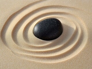 Smooth black stone surrounded by concentric circular patterns in fine beige sand creating a serene and calming composition