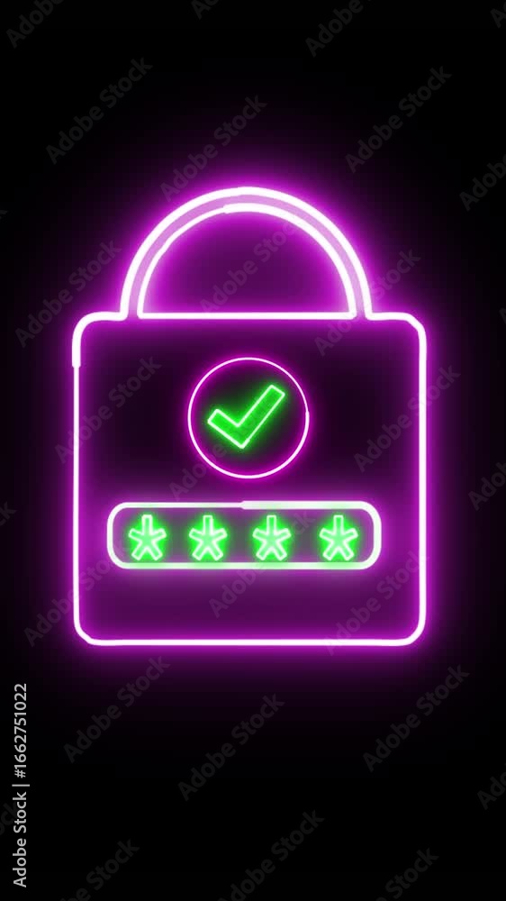 Aufkleber glowing neon lock with password field and verified checkmark on a black background. animated digital