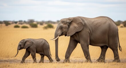Magnificent mother elephant walking with her baby through golden savanna