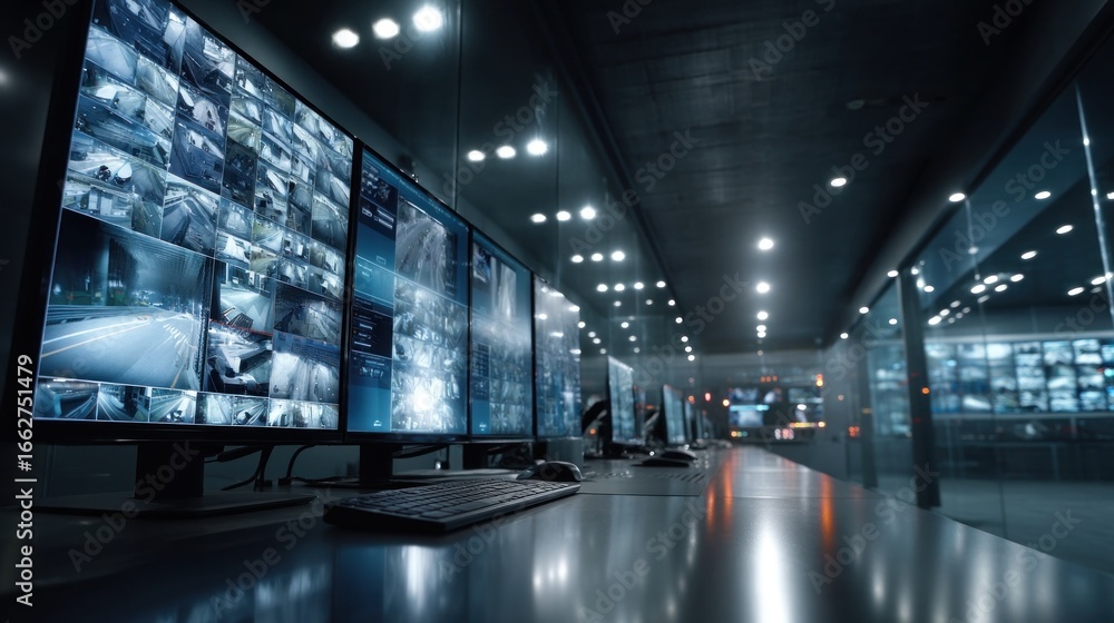 Poster security team monitoring multiple cctv images on computer screens in surveillance room