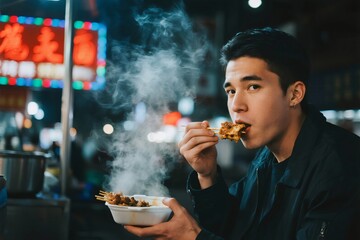 Young man enjoying delicious street food at night market, steam rising from skewers, travel lifestyle