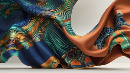 Abstract swirling silk fabric with intricate gold and teal patterns, luxurious textile design concept