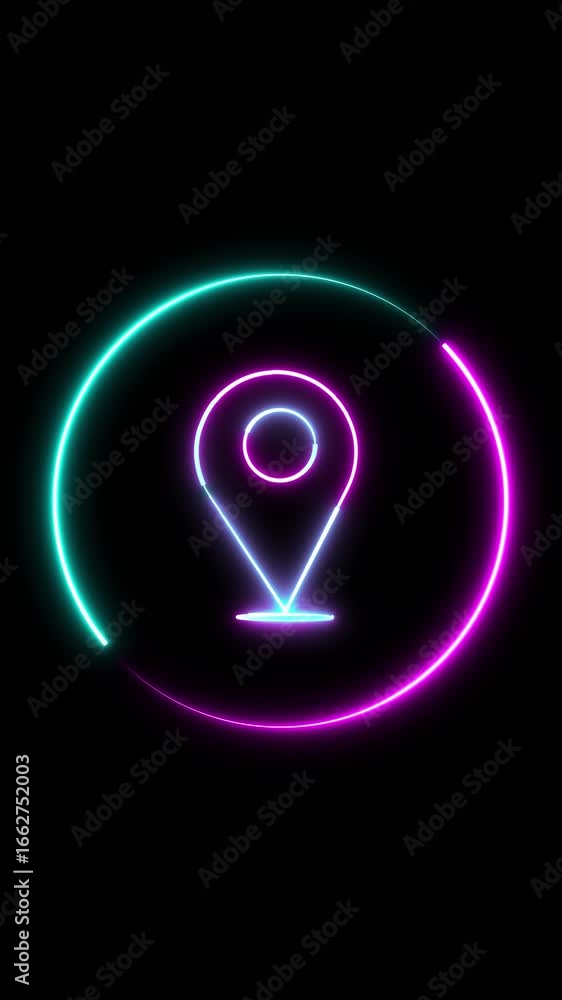 Aufkleber vertical animation showing vibrant neon pinpoint for navigation concept. glowing neon location pin a