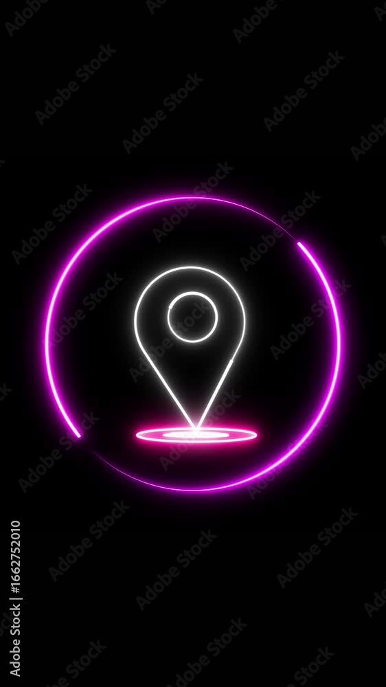 Poster animated neon purple glowing location icon with pulsating effect vertical video. neon glowing locati