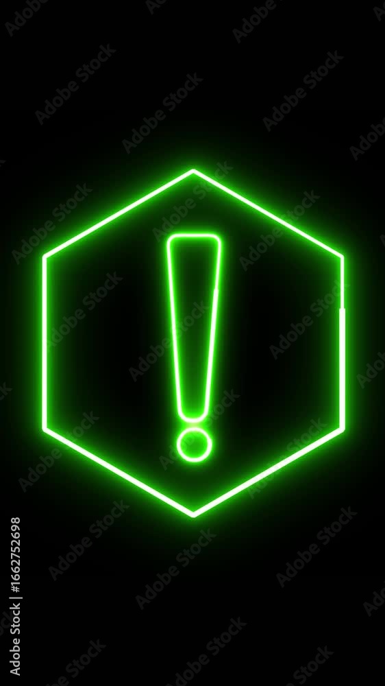 Aufkleber vertical video showing glowing neon hexagon frame with bold exclamation point. glowing neon green he