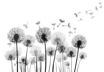 Black and white dandelion field with flying seeds