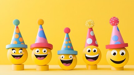 Happy Emojis Party Hats Celebration 3D Render